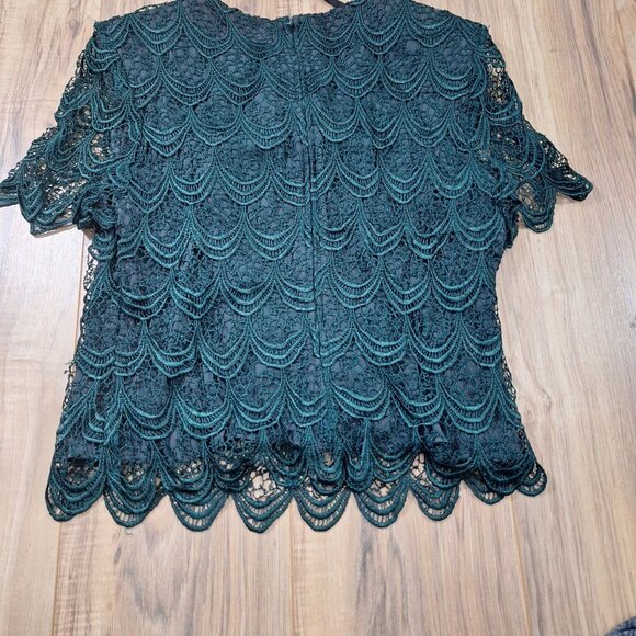 vintage 80s shoulder pad green lace blouse formal party - Picture 2 of 3